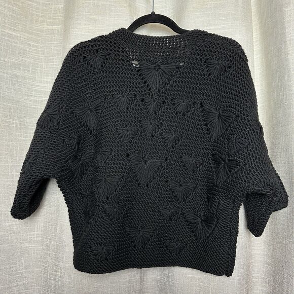 Blue Les Copains Womens Chunky Knit Cardigan Sweater Size XL Black Boho Textured - Picture 2 of 10